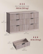 VASAGLE MAXE Collection - 6-Drawer Double Dresser for Bedroom, 54.2-Inch Wide Chest of Drawers, Fluted Panels, Mid Century Modern Storage Dresser, TV Stand for Living Room, Washed Gray ULTS662FD01S