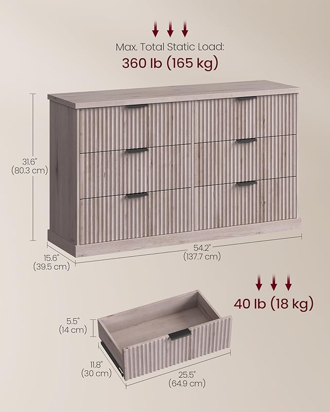 VASAGLE MAXE Collection - 6-Drawer Double Dresser for Bedroom, 54.2-Inch Wide Chest of Drawers, Fluted Panels, Mid Century Modern Storage Dresser, TV Stand for Living Room, Washed Gray ULTS662FD01S