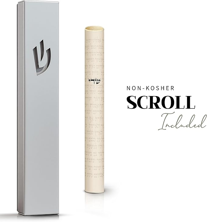 SURI Mezuzah on Door – 5 Inch Silver Aluminum Mezuzah Case with Printed Scroll, Open-Back Design for Indoor Use, Self-Stick Adhesive, Fits a 4 Inch Scroll, Gift Box Included