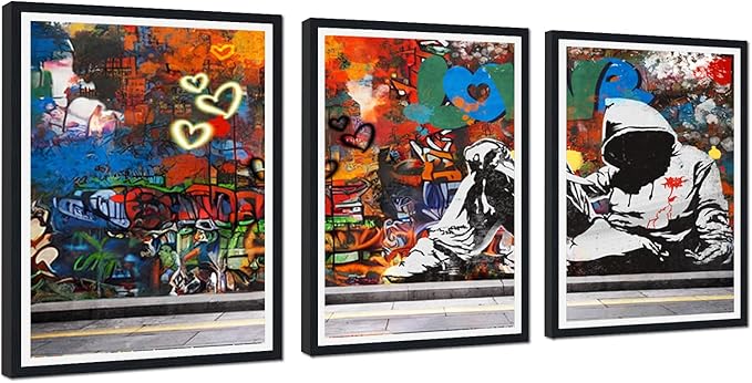 Novatique Banksy Graffiti Wall Art Abstract Poster Print Wall Decor Graffiti Picture for Bedroom Living Room Framed Ready to Hang,16" x 24" x 3pcs