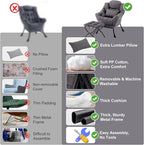Lazy Chair with Ottoman, Modern Accent Chair with Lumbar Pillow, Dark Grey Sofa, Lounge Chairs with Folding Footrest, Oversized Supportive Chairs for Bedroom, Reading