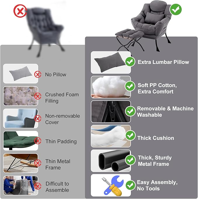 Lazy Chair with Ottoman, Modern Accent Chair with Lumbar Pillow, Dark Grey Sofa, Lounge Chairs with Folding Footrest, Oversized Supportive Chairs for Bedroom, Reading