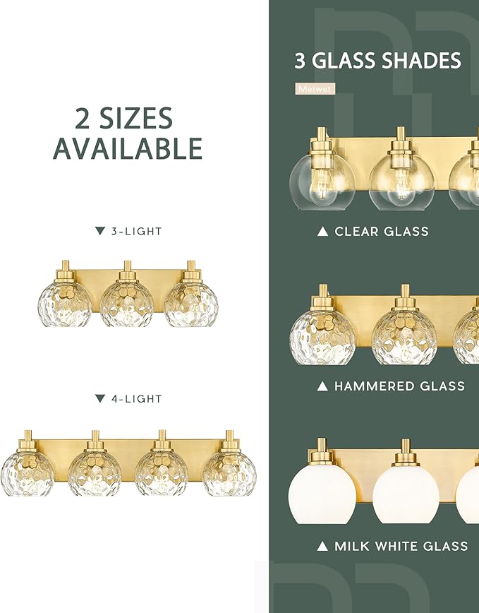 Bathroom Light Fixtures Over Mirror, 3-Light Brushed Gold Vanity Light with Clear Hammered Glass Globe Shade, Modern Sconces Wall Lighting Bedroom Hallway, VL200-BG-3