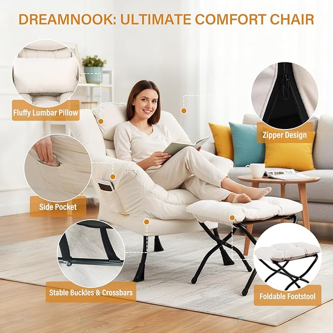 Lazy Chair with Ottoman, Modern Accent Chair with Lumbar Pillow, Velvet Beige Sofa, Lounge Chairs with Folding Footrest, Oversized Supportive Chairs for Bedroom, Reading