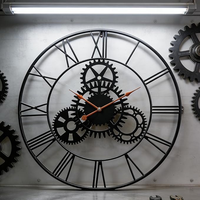 Steampunk Wall Clock 24 Inch, Industrial Metal Gears with Roman Numerals, Retro Distressed Finish Mechanical Art for Bar, Living Room, Cafe Decor