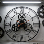 Steampunk Wall Clock 24 Inch, Industrial Metal Gears with Roman Numerals, Retro Distressed Finish Mechanical Art for Bar, Living Room, Cafe Decor