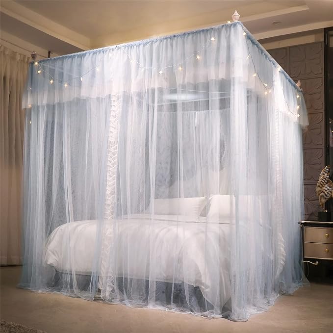 VETHIN 4 Corners Post Ruffle Princess Bed Canopy Curtain-Double Layer Cozy Drape Netting 4 Opening Mosquito Net for Girls Adults Bedroom Decoration (Gray/White, 53" W*78" L*82"*H/(Full))