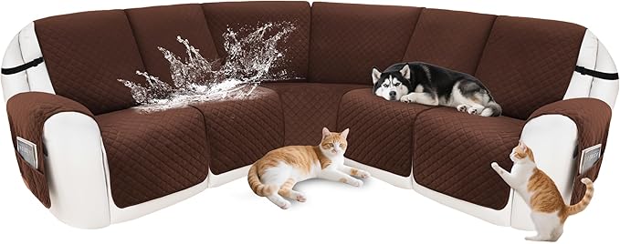 Reclining Sectional Couch Covers 100% Waterproof Recliner Cover Washable Velvet L Shape Recliner Sofa Cover for Dogs Pets Anti Slip Recliner Slipcovers with Pockets (5 Seat Sofa, Dark Coffee)