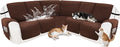 Reclining Sectional Couch Covers 100% Waterproof Recliner Cover Washable Velvet L Shape Recliner Sofa Cover for Dogs Pets Anti Slip Recliner Slipcovers with Pockets (5 Seat Sofa, Dark Coffee)