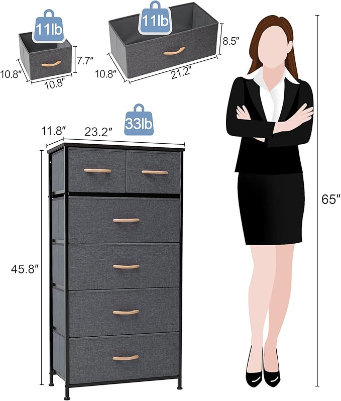 Crestlive Products Vertical Dresser Storage Tower - Sturdy Steel Frame, Wood Top, Easy Pull Fabric Bins, Wood Handles - Organizer Unit for Bedroom, Hallway, Entryway, Closets - 6 Drawers (Gray)