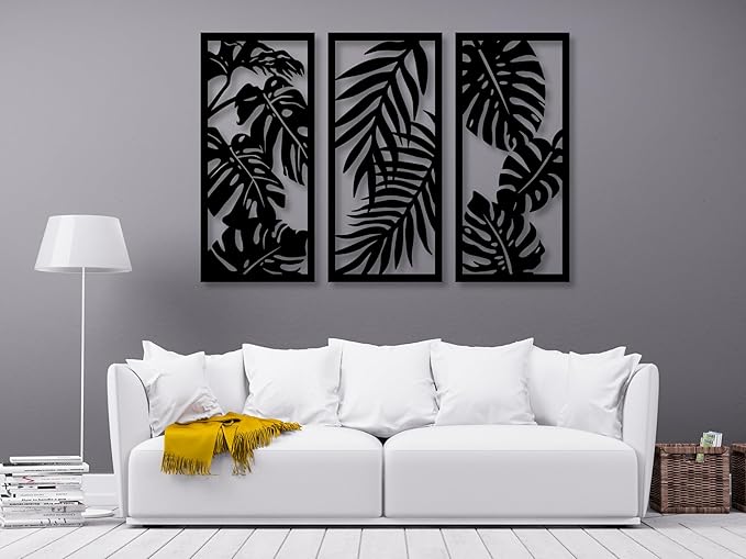 Vailla Wood Wall Art Decor Tropical leaves Wall Hanging Sculpture Modern Home Decoration 3 Wall Hangings Large Wooden Wall Arr 3D Textured Sculptures for Living Room Bedroom Office Dinnig Room