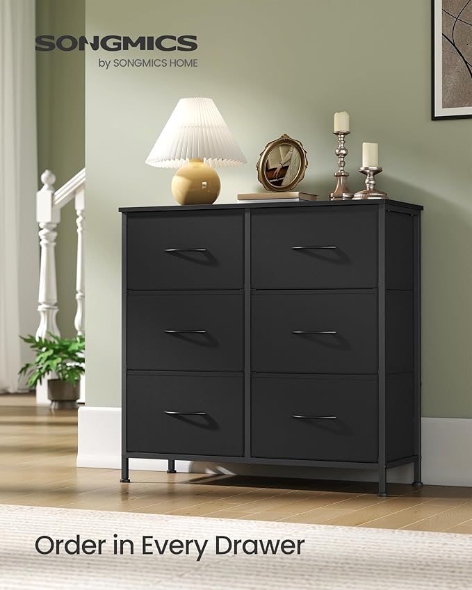 SONGMICS Dresser for Bedroom, Chest of Drawers, TV Stand, Steel, MDF, 6 Non-Woven Fabric Drawers, Storage Organizer Unit, Closet, Entryway, Ink Black and Ebony Black ULGS123B01S