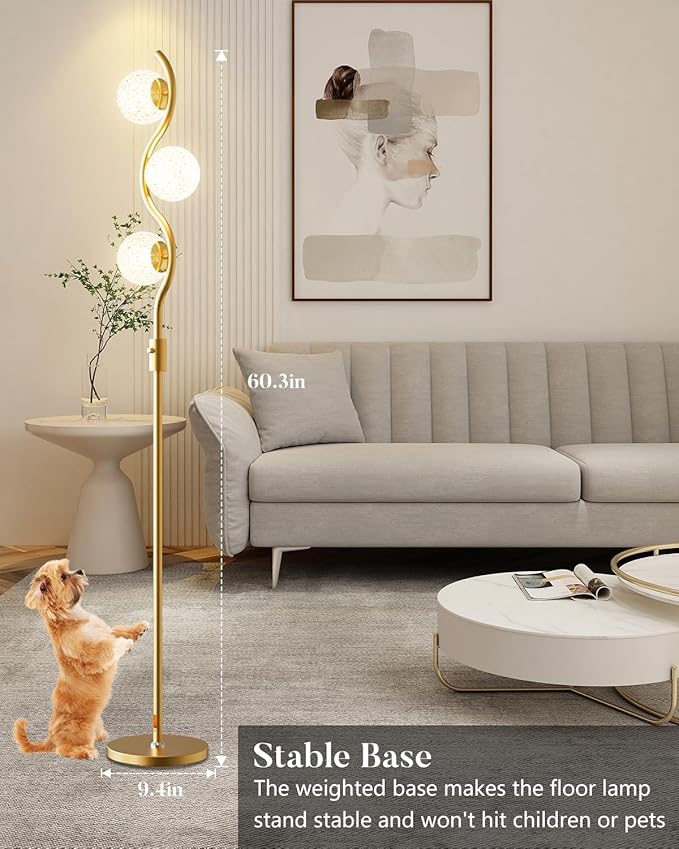 60IN Dimmable Gold Standing Lamps, Ice Crystal Modern Floor Lamp with 3000K G9 Bulbs Included, Mid Century Vintage Globe Floor Lamp for Living Room
