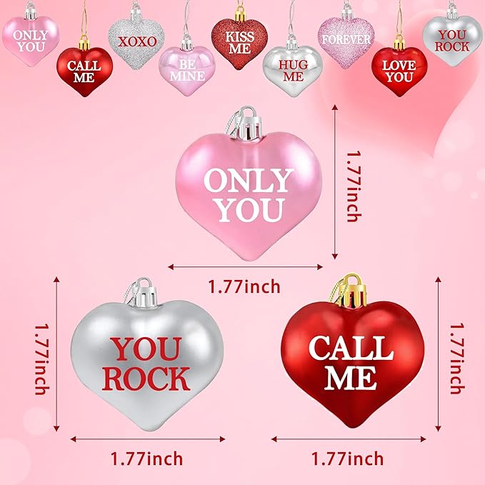 Tifeson 36Pcs Valentine's Day Heart Ornaments, Red Pink Silver Heart Shaped Valentine Ornaments for Tree Conversation Heart Decorations for Valentines Home Anniversary Decor