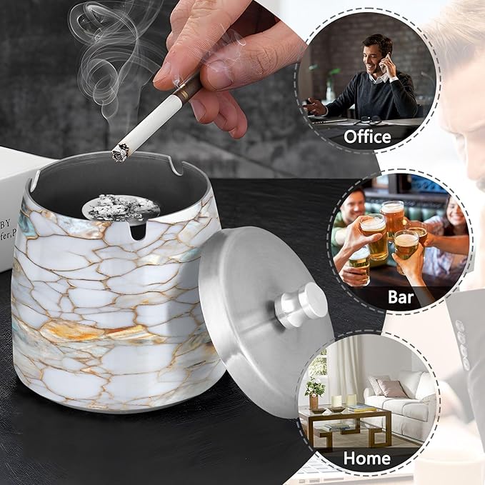 Marble Textures Ashtray with Lid, Outdoor Ashtrays for Patio, Stainless Steel Ashtray Odorless Smokeless for Home Office Balcony