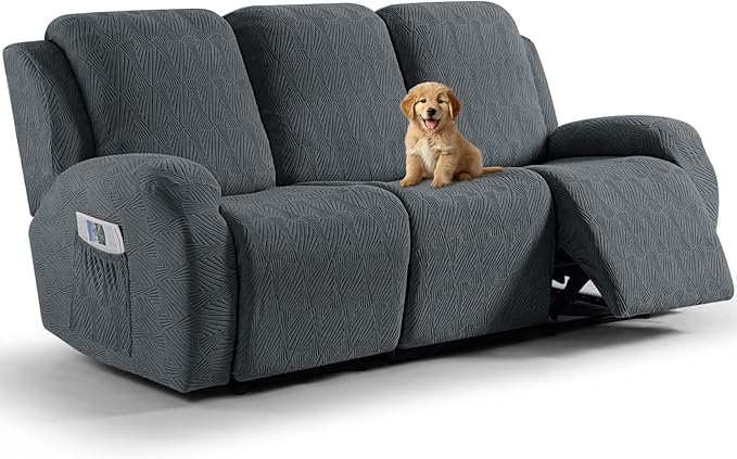VANSOFY Recliner Couch Cover, 8-Pieces Stretch Recliner Sofa Cover Soft Jacquard Reclining Slipcover Furniture Protector with Elastic Bottom for Kid, Pets(3 Seat,Dark Gray)