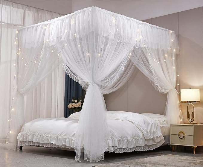 VETHIN 4 Corners Post Ruffle Princess Bed Canopy Curtain-Double Layer Cozy Drape Netting 4 Opening Mosquito Net for Girls Adults Bedroom Decoration (White/White, 53" W*78" L*82"*H/(Full))