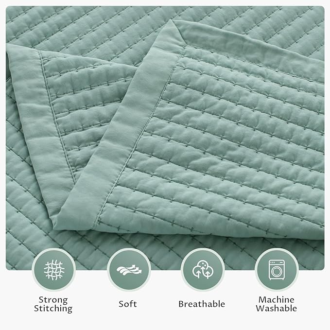 KASENTEX Queen XL Quilt Set 98"x98" – Soft Washed 3-Layer Lightweight Bedspread, Minimalist Nordic Design, All-Season Spring & Summer Quilt Set (1 Quilt + 2 Pillow Shams), Green