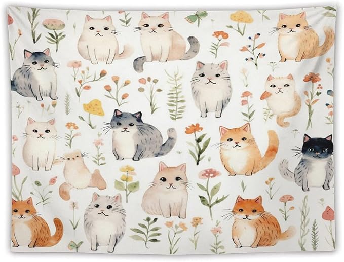VUMIVI Cute Cat Tapestry Cartoon Pets Flowers Mushrooms Butterflies Watercolor Illustrations Tapestry Wall Hanging for Living Room Bedroom Dorm Classroom Aesthetic Decor W80xL60in