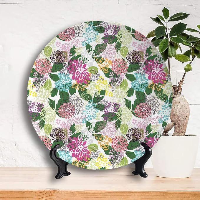 Ceramic Display Plate, Floral Ceramic Hanging Decorative Plate, Vibrant Flower Bouquet Botanical Beauty Artistic, 10 Inch, Household Custom Ceramic Plate, Multicolor