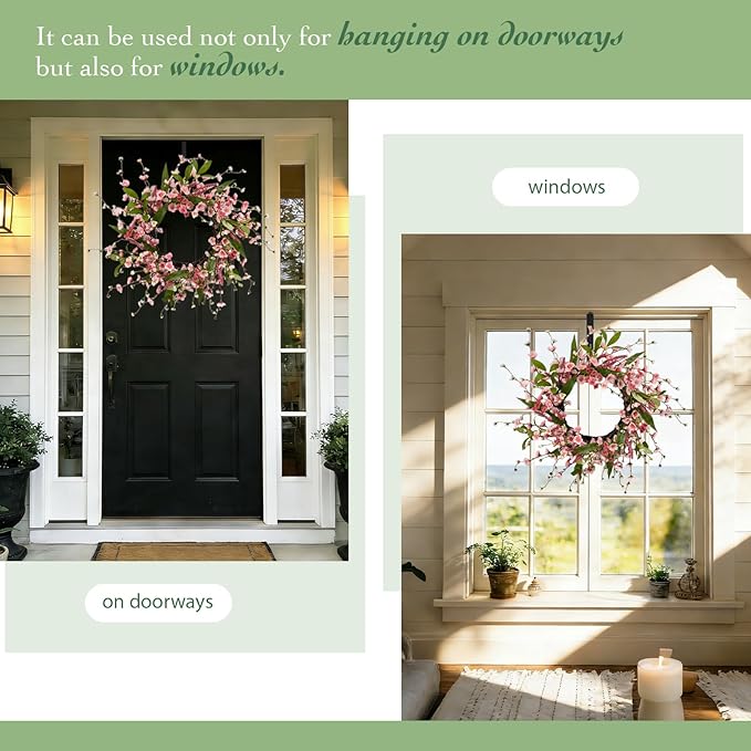 Solar Spring Wreath for Front Door Pre-lit 24inch 50LED Wreaths Spring Decorations for Home Outside Aftificial Pink Flower Wreaths Summer Decor Wreath for Wall Festival Decor(2402)