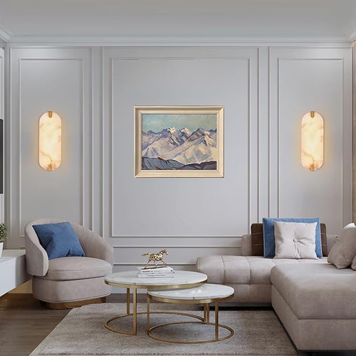 14.17in Alabaster Wall Sconces, Natural Marble Wall Light, Modern LED Alabaster Sconces for Living Room Indoor Wall Lamps for Dining Room Stairs Bedroom,Brushed Gold