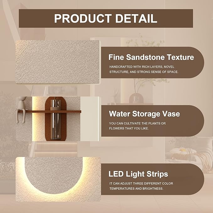 LED Sandstone Wall Decor, 3D Wall Art Sculpture, Simulated Green Plants, Glass Vase & Rabbit Statue, Remote Control 3 Color Light, for Living Room, Bedroom, Hallway(Light Coffee,41.3 * 23.6in)