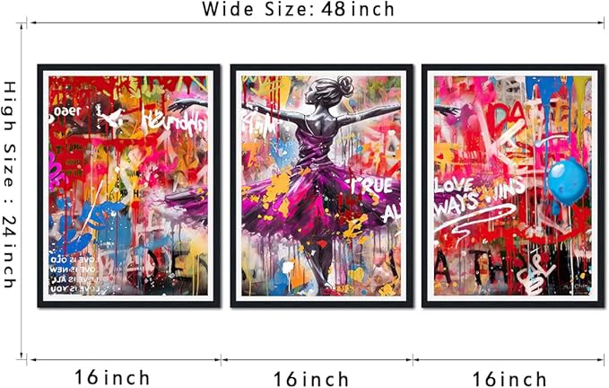 Novatique Graffiti Wall Art for Living Room Banksy Wall Art Colorful Dance Painting Print Framed Ready to Hang,16" x 24" x 3pcs