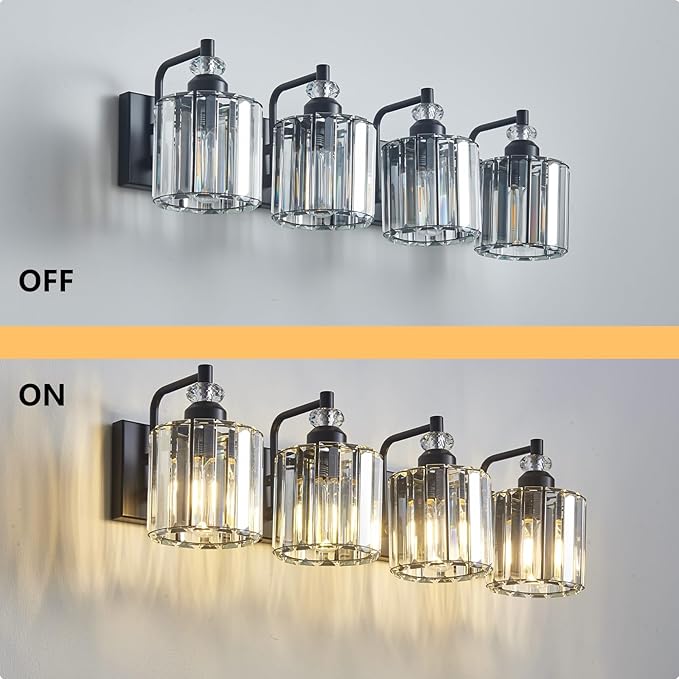 4-Light Black Bathroom Light Fixtures Over Mirror Modern Vanity Lights Crystal Wall Sconce Vintage Bathroom Lighting with Crystal Shade E26 Base for Bedroom, Living Room, Hallway