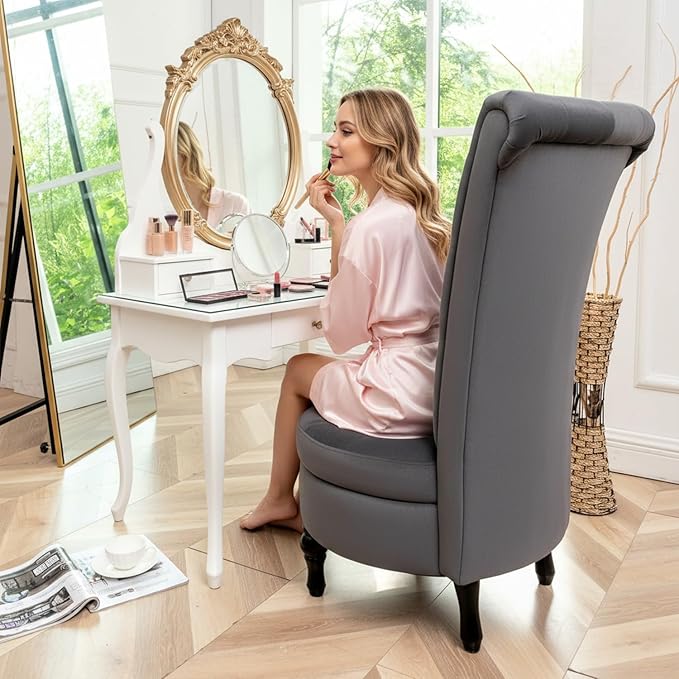 Royal High-Back Velvet Accent Chair for Vanity with Storage and Luxurious Upholstery, Retro Design and Versatile Usage for Livingroom, Bedroom, Lounge and Office, Grey