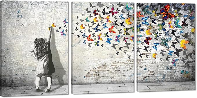 Novatique Graffiti Canvas Wall Art Banksy Wall Art Street Style Artwork Colorful Girl Butterfly Graffiti Decor Pop Pictures Painting for Living Room Office Wall Decor,20x28inchx3pcs