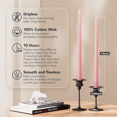 12-Inch Tall Dripless Taper Candles Set of 4 - Pink Tapered Candles, Perfect for Spring - Smokeless, Unscented, Long Burning - Hand Poured, Colored Tall Candlesticks - Light Pink