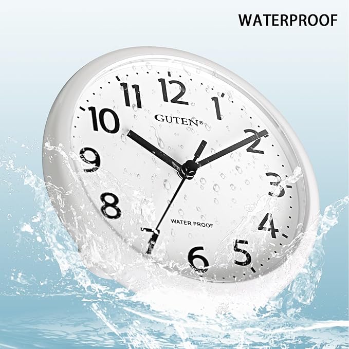 Caysie 6 Inch Waterproof Bathroom Shower Clock, Hanging or Standing Silent Battery Operated Quartz Magnetic Wall Clocks for Kitchen, Bathroom, Home (White)
