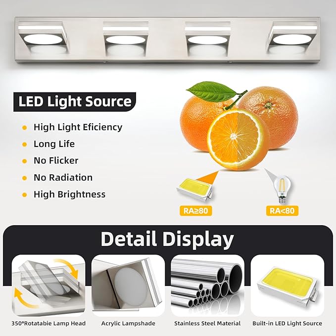 OKELI LED Modern Bathroom Vanity Light Fixtures (4-Light, 30-Inch), Brushed Nickel Acrylic Bathroom Wall Lighting Fixtures Over Mirror, 3CCT, ETL Listed, Dimmable