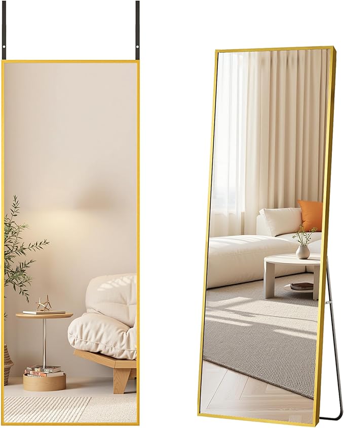 Antok Over The Door Mirror Full Length, 49'' x 14''Wall Mounted Hanging Mirror, Aluminum Alloy Frame, Shatterproof Glass, No Drill Installation for Bedroom, Closet, Bathroom, Dorm, Rect Corner, Gold