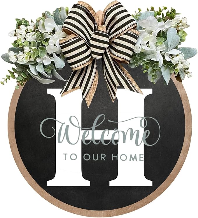 Circular Surname Front Door Welcome Sign - 26 Letter House Wreath, Front Porch Decorations, Year-Round Home Decor (H)