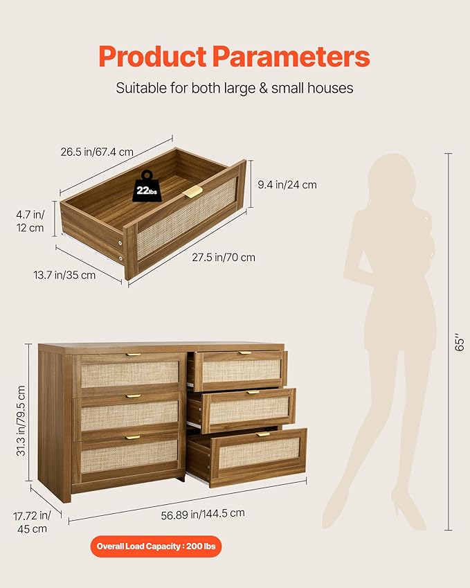 VEVOR Large Boho Dresser for Bedroom, 57" Wide Rattan Dresser 6 Drawer with Ample Storage, Modern Wood Chest of Drawers Closet TV Stand Dressers for Living Room, Walnut Oak