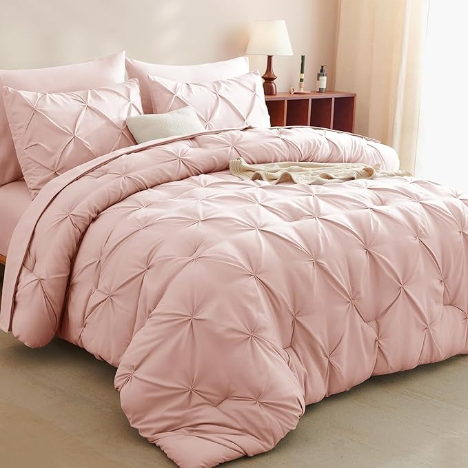 CozyLux King Size Comforter Set Blush Pink, 7 Pieces Pintuck Bed in A Bag Pink Comforter King Size, Pinch Pleat Bedding Set with All Season Comforter, Sheets, Pillowcases & Shams