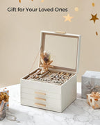 SONGMICS GISELLA Collection - Jewelry Box Organizer, 4-Layer Jewelry Storage with 3 Drawers, Shiny Metal Hardware, Glass Lid, Modern, 8 x 9.1 x 6.5 Inches, Cloud White and Gold Color UJBC173W01