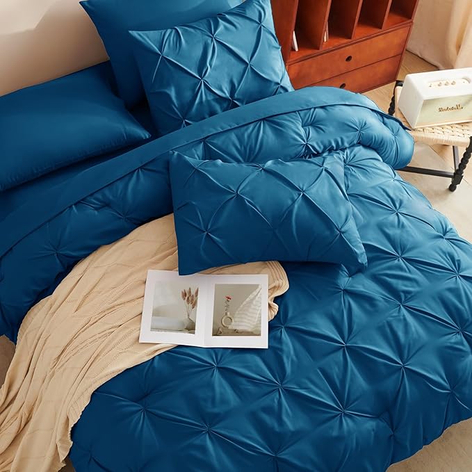 CozyLux Queen Comforter Set Teal, 7 Pieces Pintuck Bed in A Bag, Premium Teal Comforter Queen Size, Pinch Pleat Bedding Sets with Comforter, Sheets, Pillowcases & Shams