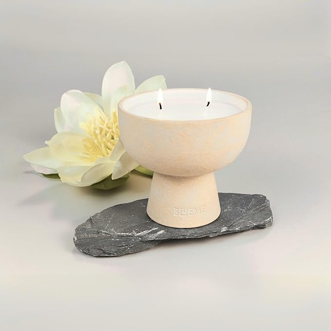 Blueme Balance Candle | White Lotus & Tea | 2 Wick - Refillable Wellness Candle with Essential Oils, Hand Finished & Poured Soy Wax Blend Ceramic Vessel, Natural Cotton Wicks | Medium 12 oz
