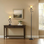 72” Flower Farmhouse Floor Lamp for Living Room, Unique Rustic Leaf Tall Standing Lamp with Amber Glass Shade and Traditional Foot Switch for Bedroom, Corner, Office, Bulb Included (Bronze)