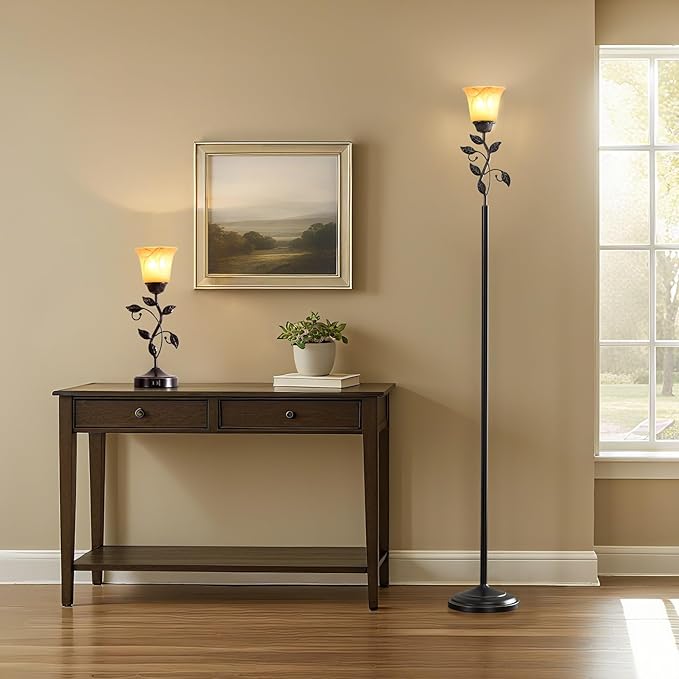 72” Flower Farmhouse Floor Lamp for Living Room, Unique Rustic Leaf Tall Standing Lamp with Amber Glass Shade and Traditional Foot Switch for Bedroom, Corner, Office, Bulb Included (Bronze)