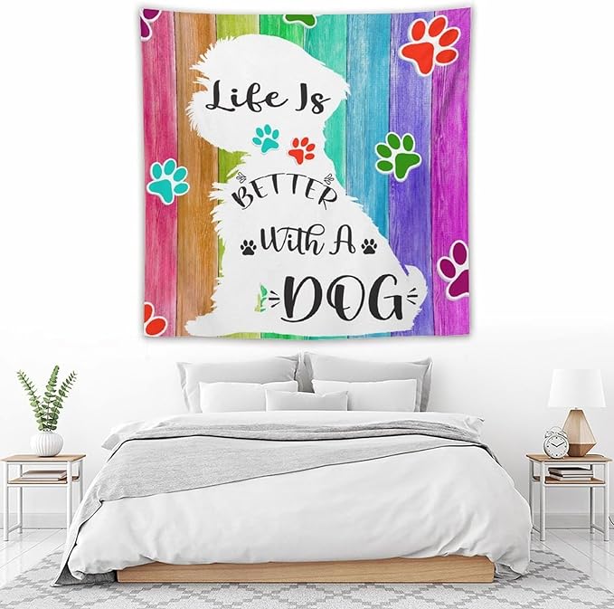 VUMIVI Cute Dog Tapestry Rainbow Color Planks Rustic Farmhouse Home Decor Pet Paws Tapestry Wall Hanging for Living Room Bedroom Dorm Classroom Aesthetic Decor W60xL60in