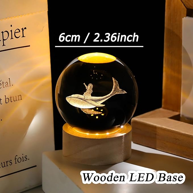 3D Whale Girl Crystal Ball with Wooden Light Base Glass Whales Girls Figurine Night Light Decor for Whale Lovers Women Daughter on Christmas Valentine's Day Birthday (Diameter 2.36 inches)