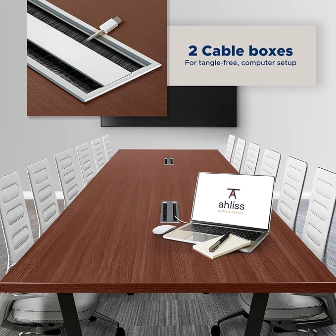Sturdy Conference Table with Cable Management Grommets Modern Rectangle Office Meeting Table with Wood Tabletop and Metal Frame & Legs- Easy Assembly Boardroom Table (Mahogany, 12 Foot)