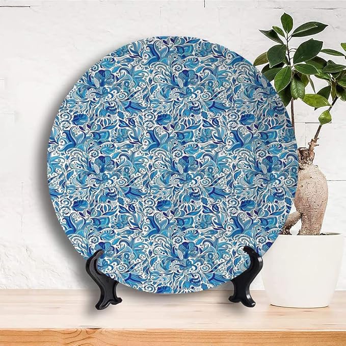 Decorative Plates, Floral Print Ornament, Turkish Ceramic Art Swirled Nature Leaves, 6 Inch, 1 Plate with 1 Display Stand, Blue Navy and Green