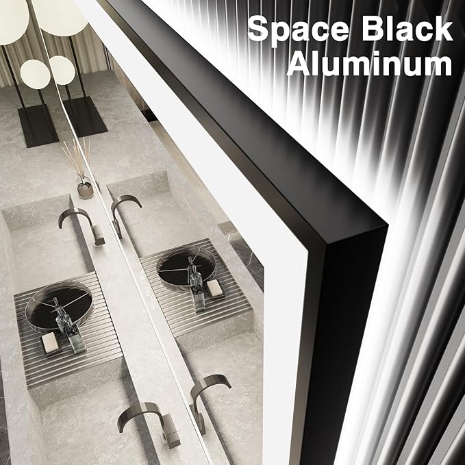 72x32 LED Bathroom Vanity Mirror - Black Aluminum Framed (Front and Backlit), Anti-Fog Large Mirror with Lights,Stepless 3 Colors Dimmable Lighted Mirror(Horizontal/Vertical)