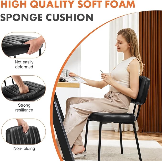 Dining Chairs Set of 2, Mid Century Modern Upholstered Kitchen Chair with PU Leather Cushion Seat & Metal Legs for Home/Living Room/Bedroom/Office-Black