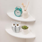 Corner Shelves, Floating Corner Shelf, Set of 2 White Solid Oak Wood Wall Shelves, Round End Wall Mount with Wire Hole Shelving for Small Plant for Bedroom Kitchen, Living Room 8.7"